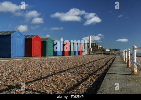 Colourful beach huts on the promenade at St Leonards on Sea, East Sussex Stock Photo