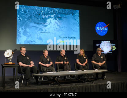 Jim Green, director of Planetary Science at NASA Headquarters in Washington, Alan Stern, New Horizons principal investigator at Southwest Research Institute (SwRI) in Boulder, Colorado, Michael Summers, New Horizons co-investigator at George Mason University in Fairfax, Virginia, Cathy Olkin, New Horizons deputy project scientist at SwRI, and William McKinnon, New Horizons co-investigator at Washington University in St. Louis, are seen during a New Horizons science update where new images and the latest science results from the spacecraft's historic July 14 flight through the Pluto System were Stock Photo