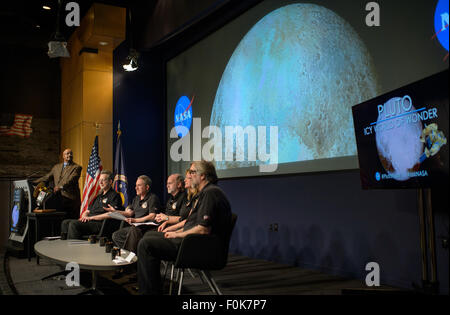 NASA Senior Public Affairs Officer Dwayne Brown, left,  moderates a New Horizons science update with participants, from left, Jim Green, director of Planetary Science at NASA Headquarters in Washington, Alan Stern, New Horizons principal investigator at Southwest Research Institute (SwRI) in Boulder, Colorado, Michael Summers, New Horizons co-investigator at George Mason University in Fairfax, Virginia, Cathy Olkin, New Horizons deputy project scientist at SwRI, and William McKinnon, New Horizons co-investigator at Washington University in St. Louis on Friday, July 24, 2015 at NASA Headquarter Stock Photo