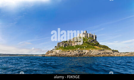 Horizontal panoramic (2 picture stitch) view of St Michael's Mount, Cornwall. Stock Photo