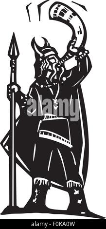 Woodcut style image of a viking warrior with a spear blowing a war horn Stock Vector