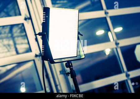 LED Panel Modern Videography Lighting System. Continuous Lighting Stock Photo