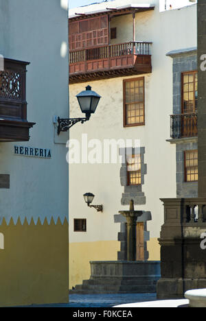 Old town Las Palmas street scene with typical balconies and Canary architecture Vegueta Las Palmas de Gran Canaria Spain Stock Photo