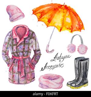 Watercolor isolated vector autumn accessories Stock Vector