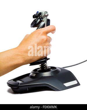 On a white background male hand with a game joystick Stock Photo