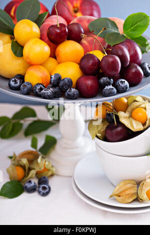 Fresh stone fruits cherries peaches plums on dessert plate Stock Photo