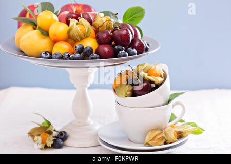 Fresh stone fruits cherries peaches plums on dessert plate Stock Photo