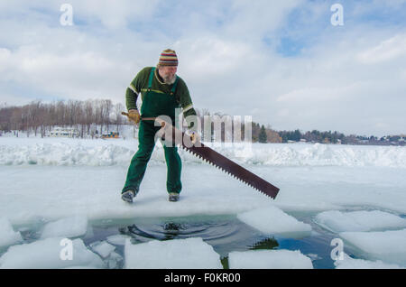 John Bieber prepares to saw through the ice during the Tully Area Historical Society Ice Harvest Festival in New York Stock Photo