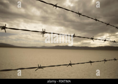 Barbed wire against cloudy sky over desert landscape in Nevada. Selective focus on barbed wire. Stock Photo