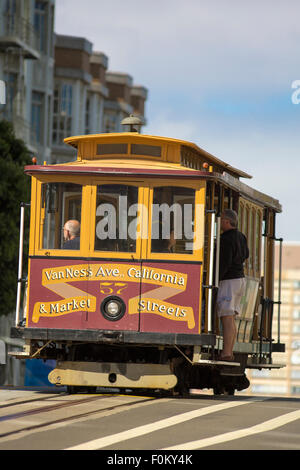 Unidentified people on a vintage trolleys in San Francisco, the Historic Streetcars F-line Market Street Railway Co. Stock Photo