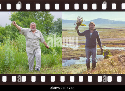 Dual portrait of the same caucasian man 30 and 60 years old Stock Photo