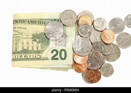 Dollar bills and coins isolated on white Stock Photo