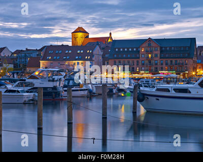 Harbor with church of St. George, Waren an der Müritz, Mecklenburg Western Pomerania, Germany Stock Photo