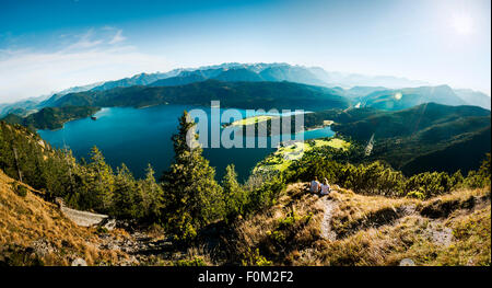 View from Herzogstand to the Walchensee lake and Karwendel mountains, Bavaria, Germany Stock Photo