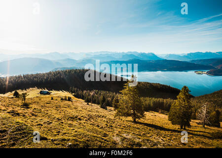 View from Jochberg to the Walchensee lake and Karwendel mountains, Bavaria, Germany Stock Photo