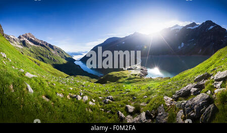 Mooserboden and Wasserfallboden reservoir with Mooser dam, Kaprun, Austria Stock Photo