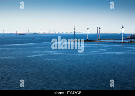 Wind Park and Øresund bridge in the Øresund, Copenhagen, Denmark Stock Photo