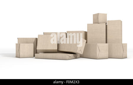 A scattered collection of parcel boxes wrapped in brown paper on an isolated white studio background Stock Photo