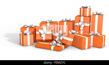 A scattered collection of gift boxes wrapped in orange paper and a white ribbon and bow on an isolated white studio background Stock Photo