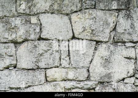 Stone wall background made up from different sizes of limestones Stock Photo