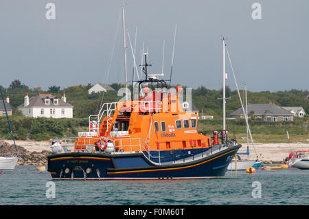 St Mary's Lifeboat at Anchor in Hugh Town Harbour, St Mary's, The Isles of Scilly. Stock Photo