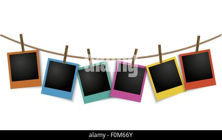 Photo frames hanging on rope with clothespins. Vector illustration ...
