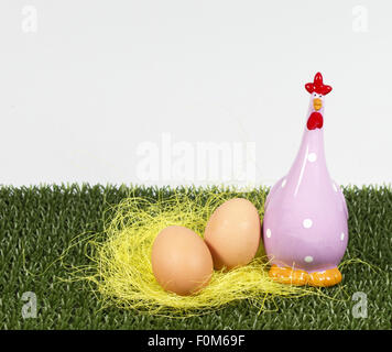Eggs with chicken in the grass Stock Photo