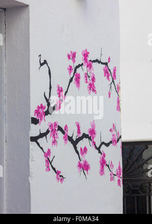 painted flowers on a white wall Stock Photo