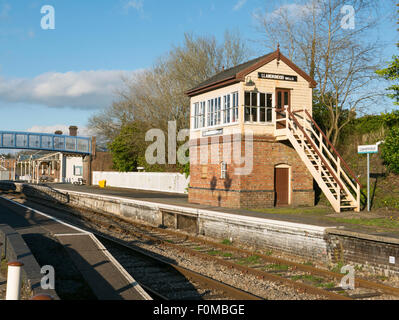 Llandrindod Wells old railway station signal box and platform, Powys Wales UK. Stock Photo