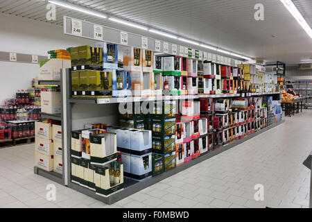 Alcoholic Beverages section of an Aldi discount supermarket in Germany Stock Photo
