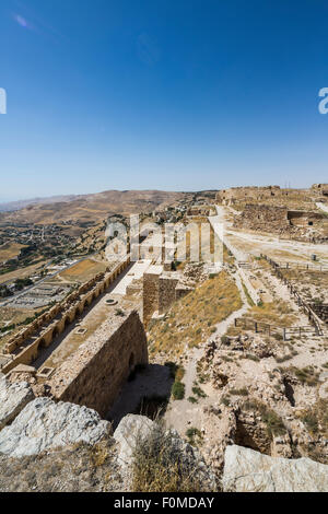 view of Kerak castle, Jordan and surrounding countryside from its most elevated point Stock Photo