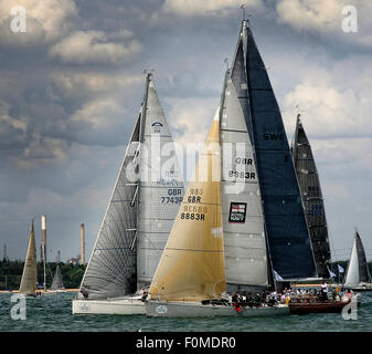 Pictured at the start of the Fastnet race 2015 at Cowes are Class 2 yachts Kestrel, Volunteer and Anahita Stock Photo