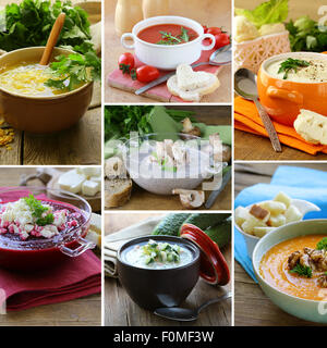 collage menu different soups (mushroom, lentil, tomato, beetroot, pumpkin) Stock Photo