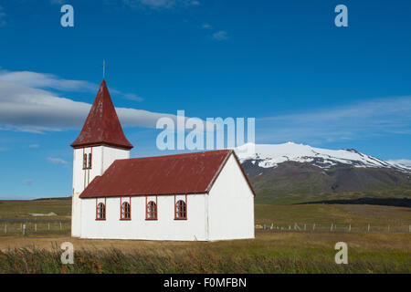 Iceland, West Iceland (aka Vesturland). Snaefellnes Peninsula (aka Snaefellsnes), Hellnar (64°45′N 23°39′W), country church. Stock Photo