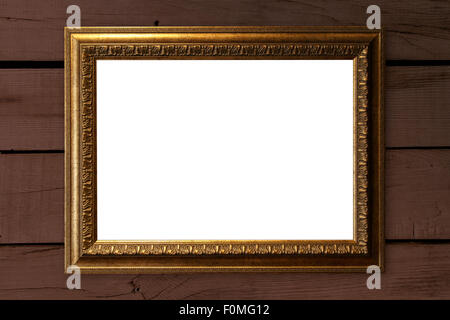Close up front view of blank frame with copy space area, on brown wooden background. Stock Photo