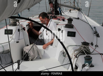 Spain Royal King Felipe,seen on a sailboat during his summer holidays in Majorca Stock Photo
