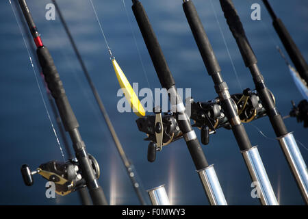 Fishing rods and lure at trolling boat. Scandinavia. Stock Photo