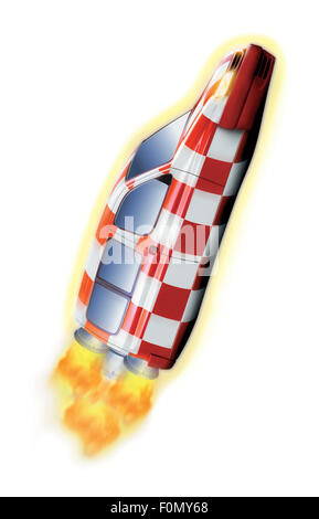 White and red 3D model rocket concept car taking off to space. Stock Photo