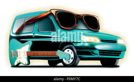 Illustration of a green concept car with electric guitar and sunglasses on white background Stock Photo