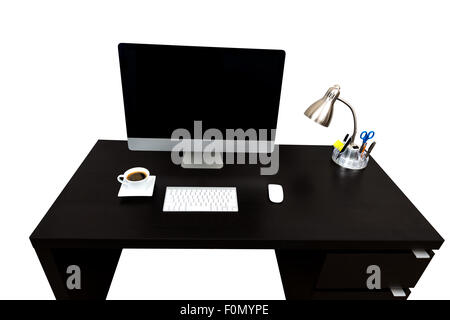 Modern straight line Computer Desk, Coffe, Lamp isolated over white with copy space Stock Photo