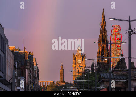 Edinburgh, UK. 18th Aug, 2015. UK Weather: A rainbow appeared at the east end of Edinburgh's famous Princes Street lighting up the National Monument on Calton Hill Credit:  Richard Dyson/Alamy Live News Stock Photo