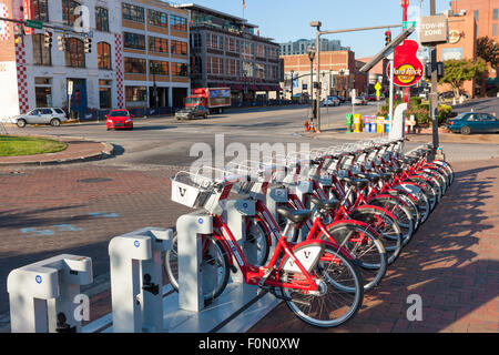 B-cycle bike sharing program bicycles docked at the Riverfront Station B-station in Nashville, Tennessee. Stock Photo