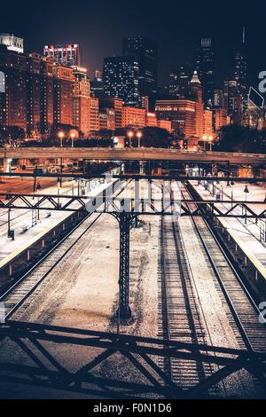 City of Chicago at Night. Illinois Railroads. Skyline Chicago, Illinois, United States. Stock Photo