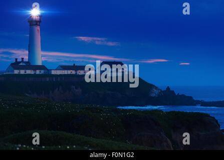 Lighthouse Scenery at Night. Pigeon Point Lighthouse in California, United States. Pigeon Point Light Station Built in 1871. Stock Photo