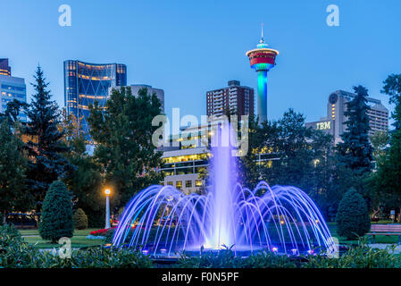 Illuminated fountain, Central Memorial Park, Calgary, Alberta, Canada Stock Photo