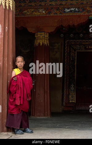 Young Buddhist monk at Gangtey monastery Bhutan Stock Photo