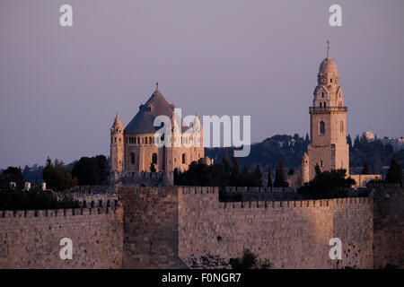 View of the Conical dome and bell tower of the Church of the Dormition or Hagia Maria Sion Abbey on mount Zion in Jerusalem Stock Photo