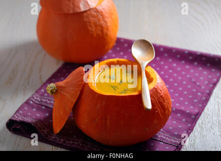 soup with cream in pumpkin Stock Photo