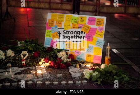 Bangkok, Thailand. 18th Aug, 2015. A memorials are set up outside Erawan Shrine a day after a bomb exploded close to the shrine in the center of Thailand's capital, Bangkok, killing at least 22 people and injuring more than 125. Reports say a second bomb has been found in the area and made safe. No-one has yet said they carried out the attack, which took place close to the Erawan shrine in Bangkok's central Chidlom district. The shrine is a major tourist attraction. The Thai government said the attack was aimed at foreigners. Credit:  PixelPro/Alamy Live News Stock Photo