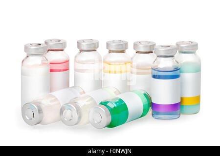 Group of the isolated vials with colored substances with clean labels Stock Photo